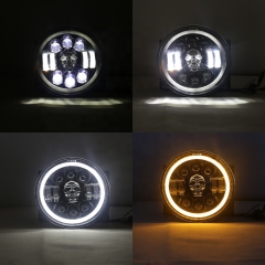 2021 Newest skull design headlight 7inch drl cheap price led headlight 7inch chrome cover H4 high low beam RGB