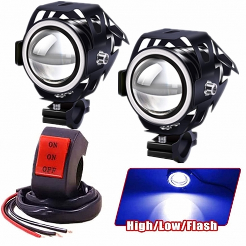 Motorcycle Lights Halo Ring Fog Headlights, Hi/Low Beam/Strobe/Blue Ring Modes U7 LED Driving Light Spotlight DRL Auxiliary Driving Lights With Switch