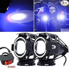 Motorcycle Lights Halo Ring Fog Headlights, Hi/Low Beam/Strobe/Blue Ring Modes U7 LED Driving Light Spotlight DRL Auxiliary Driving Lights With Switch