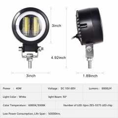 2PCS 3 Inch 40W Fog Light White 6000K 10-80V DC 8000LM Waterproof Round LED Angel Eye Light Strip Off-Road Vehicle Marine Work Light Motorcycle Light Jeep ATV UTV SUV Boat Marine 4X4