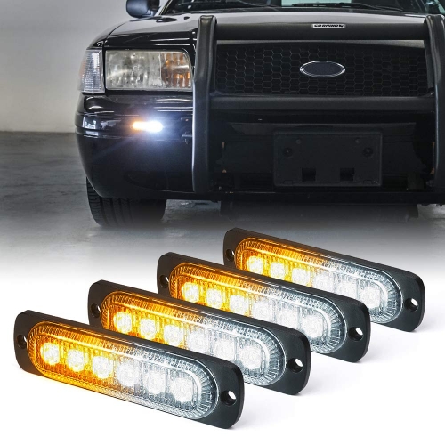Amber/White 6 LED Emergency Strobe Lights Kit Surface Flush Mount Side Marker Grill Grille Hazard Warning Light Head 18 Flashing Modes for Off-Road Vehicles ATV Trucks Cars