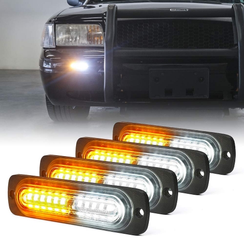 Amber/White 12 LED Emergency Strobe Lights Kit Surface Flush Mount Side Marker Grill Grille Hazard Warning Flashing Light Head for Off-Road Vehicles ATV Trucks Cars