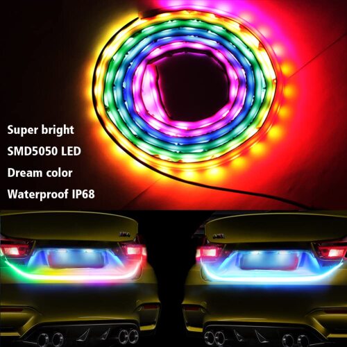 Flexible Car LED Strip Lights, 48inch Dream Color Car Exterior Tailgate Trunk LED Lights Kit, Waterproof Daytime Running Turn Signal Brake Reverse Tail Lights, Car License Plate Light DC12V