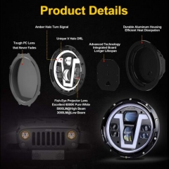LED Headlights 7 inch with Halo Ring Amber Turn Signal Lights V Type White DRL Hi Lo Beam for Jeep Wrangler JK TJ LJ CJ Black