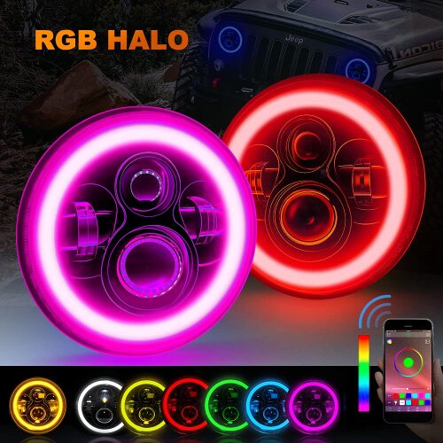 7 Inch LED Headlights RGB Round Halo Ring Angel Eyes Multicolor DRL High Low Sealed Beam Lights 39W Headlights Bluetooth, Compatible with Jeep Wrangler JK TJ CJ Hummber H1 H2