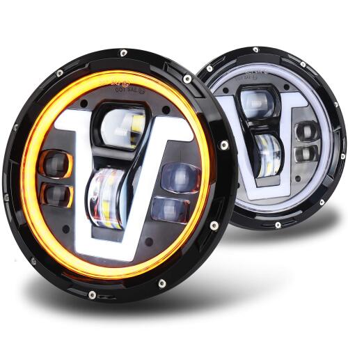 LED Headlights 7 inch with Halo Ring Amber Turn Signal Lights V Type White DRL Hi Lo Beam for Jeep Wrangler JK TJ LJ CJ Black