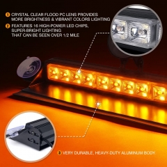 Amber LED Aluminum Strobe Light Bar, Front Windshield Dash Deck Hazard Warning Flashing Traffic Caution Lights w/ Suction Cups, for Emergency Construction Vehicles POV Trucks EMS Snowplow