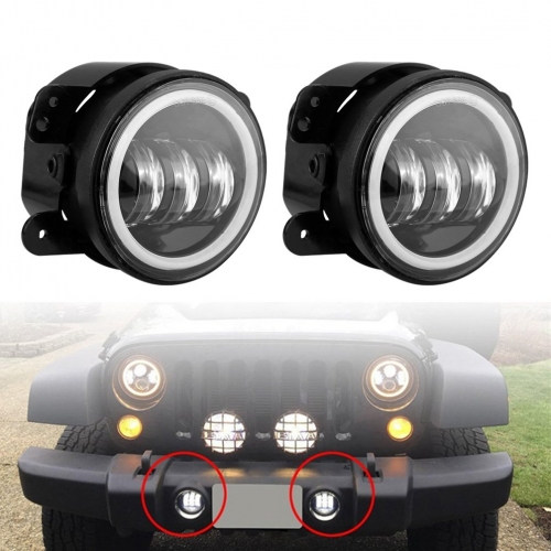 White Halo Ring 4 Inch Fog Light for Jeep Wrangler JK Round Auto LED Driving Lamp Passing Light with White Angel Eyes