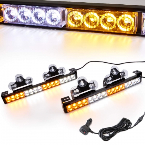 Amber/White 2 in 1 Emergency Strobe Light Bar 21 Flash Patterns Traffic Advisor Warning Hazard Windshield Safety Lights Bar with Cigar Lighter for Police Vehicles, Truck (2×16.8 inch, 32 Led)