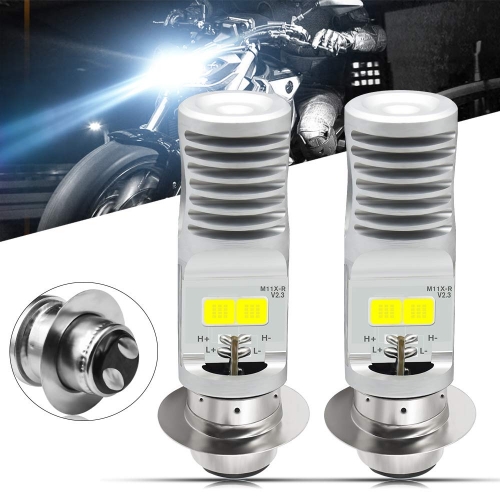 2pcs AC9-48V H6M LED Headlight Bulbs 1600Lumens High Power 2xCOB Chips P15D-1 Motorcycle LED Headlight Bulb with High Low Beam.Xenon White.6500K(Silver）