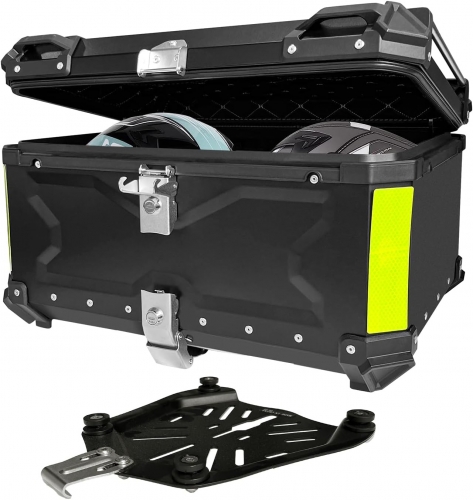 65L Motorcycle Top Case, Universal Aluminum motorcycle Tail Box with Security Lock motorcycle trunk box with Back Cushion Waterproof Motorcycle Top Box for Helmet Luggage