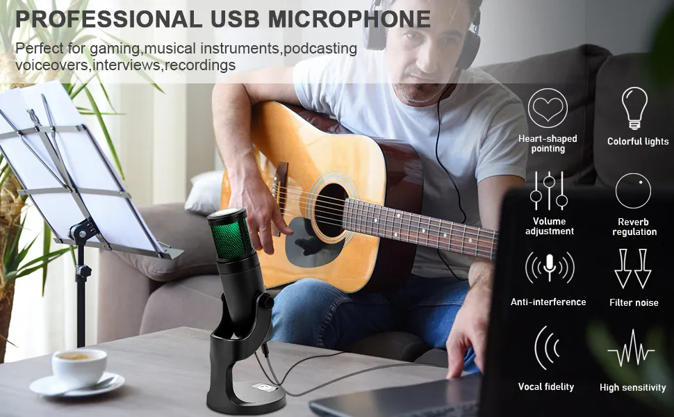 Jmary MC-PW9 RGB Professional USB Microphone for Podcasting with Noise Reduction