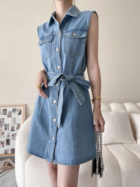 Washed denim waist dress