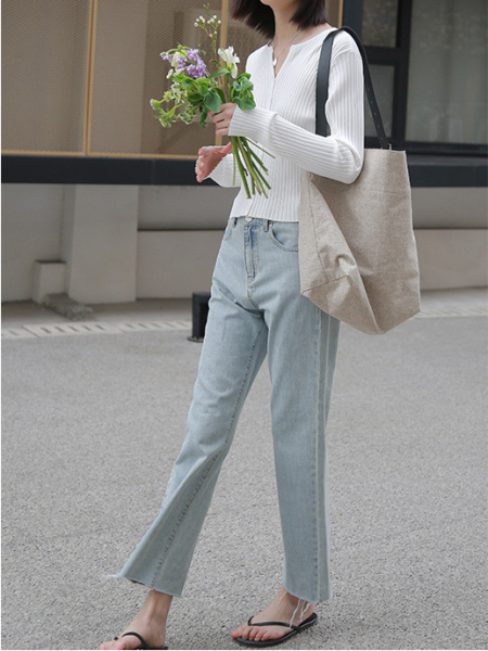 Korean version of slim straight fur-trimmed jeans