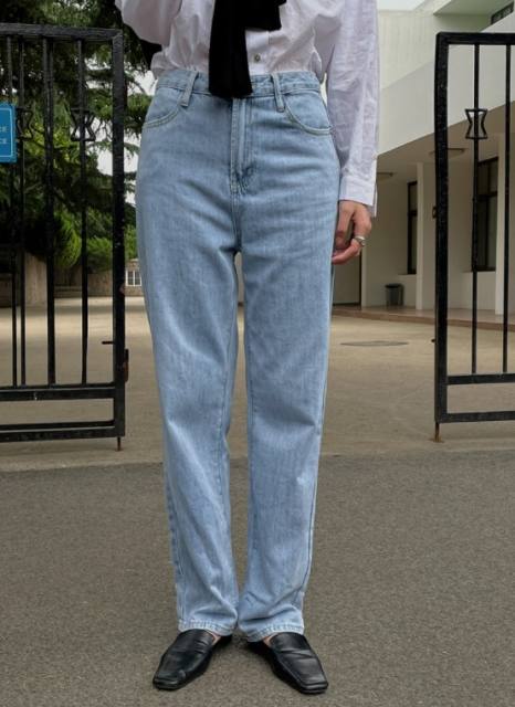 High-waisted washed denim straight-leg pants