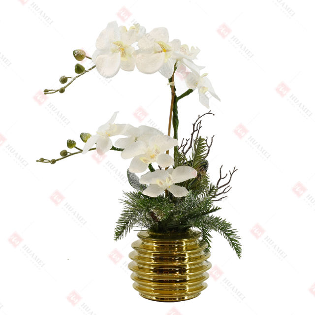 10pcs glitter orchid  with gold ceramic pot+LED light