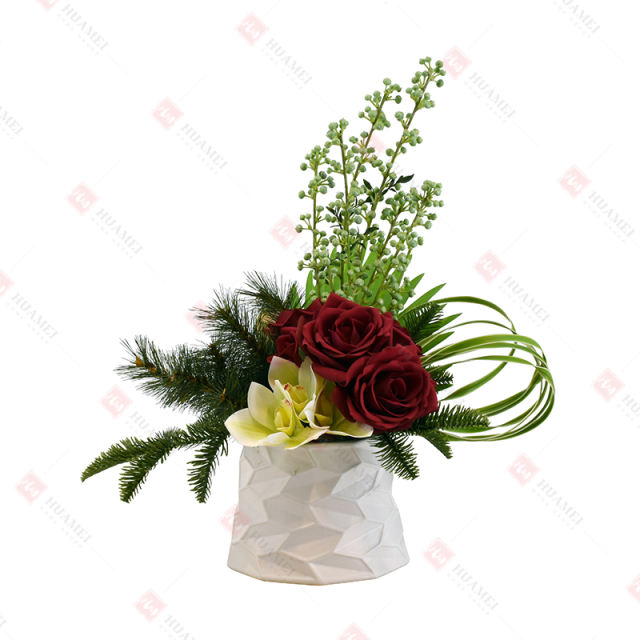 5pcs roses and 3pcs  cymbidium  with  ceramic pot
