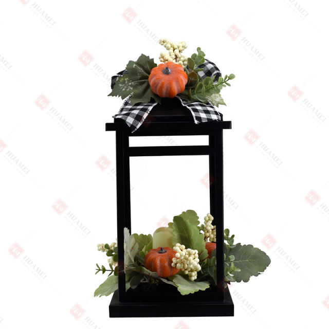 Black and white plaid bow autumn harvest pumpkin LED candle holder