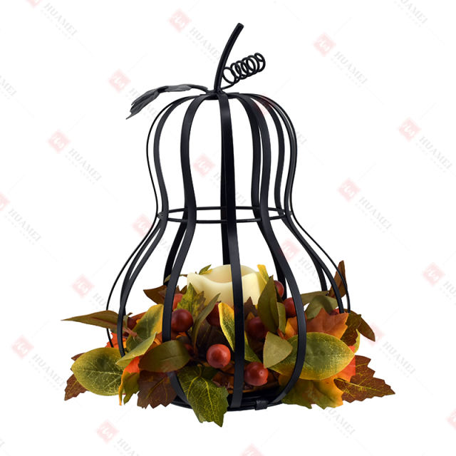 Wrought Iron Pumpkin Lantern Autumn Harvest LED Candle Holder