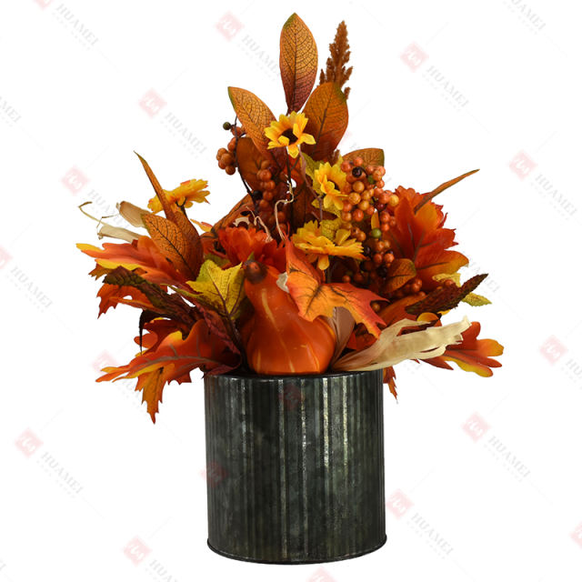 Autumn harvest pumpkin mixed flowers black and green antique iron basin