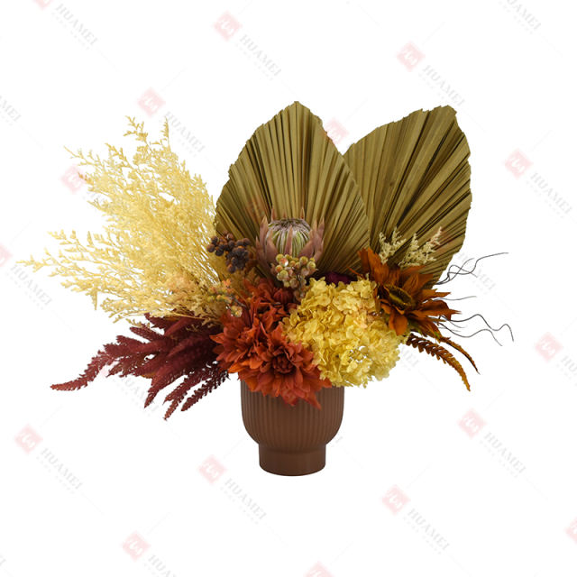 Natural Fan Palm,King protea, Dahlia,Sunflower and Peony with ceramic Pot Christmas