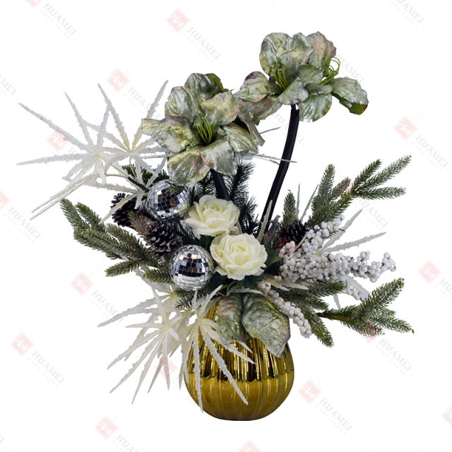 Clivia and Rose with silver ceramic Pot Christmas