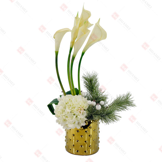 Hydrangea and Calla lily with gold electroplated ceramic pot Christmas