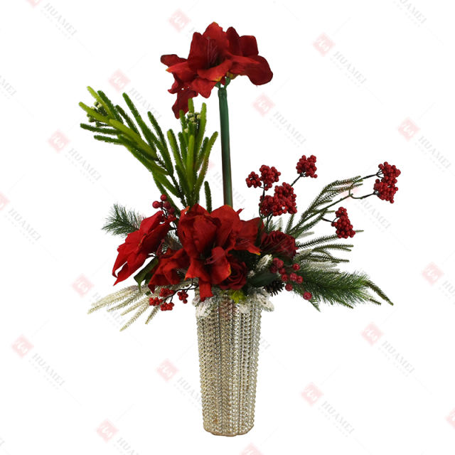 Clivia, Poinsettia and roses with silver ceramic Pot Christmas