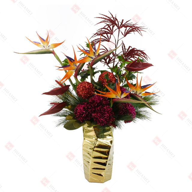 Strelitzia,Anthurium and Dahlia with gold ceramic Pot Christmas