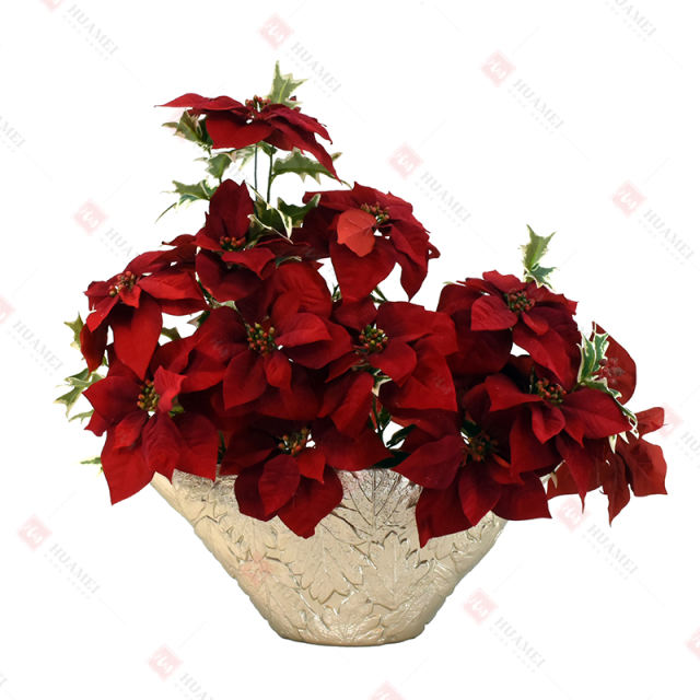 15pcs Poinsettia  with gold polyresin pot Christmas