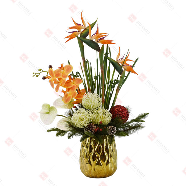 Strelitzia,Orchid and King protea with gold ceramic pot Christmas