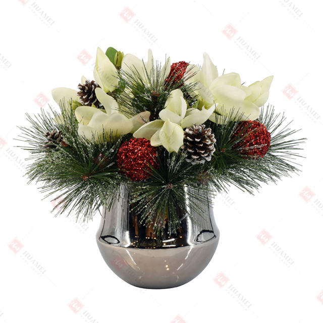 6pcs Magnolia  with silver electroplated ceramic pot Christmas