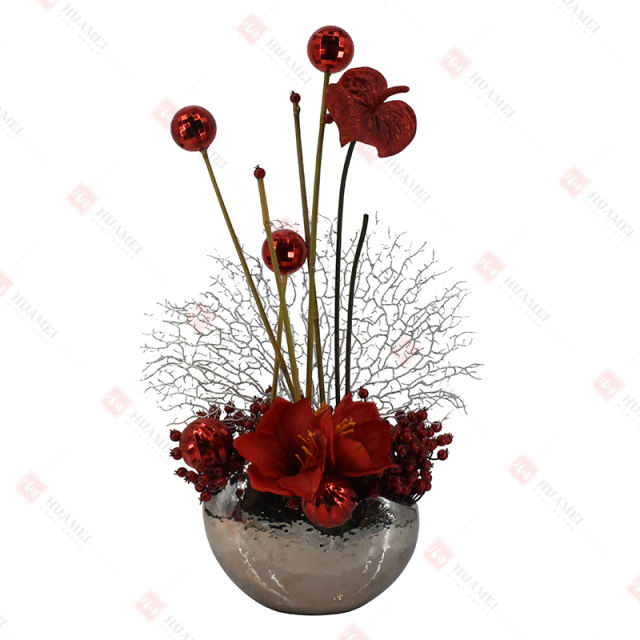 Anthurium and Clivia with silver ceramic Pot Christmas