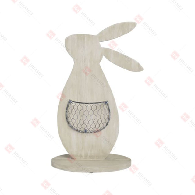 WOOD BUNNY WITH 
 WIRE PLANT HOLDER