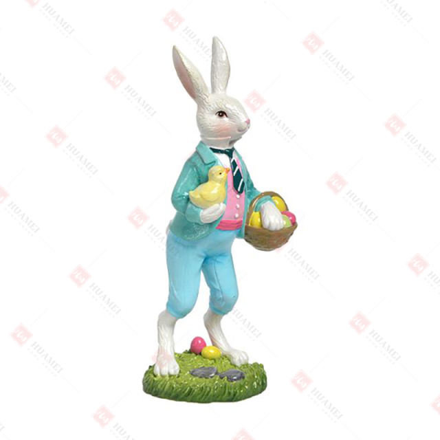 RESIN BUNNY BOY WITH CHICK & BASKET OF EGGS