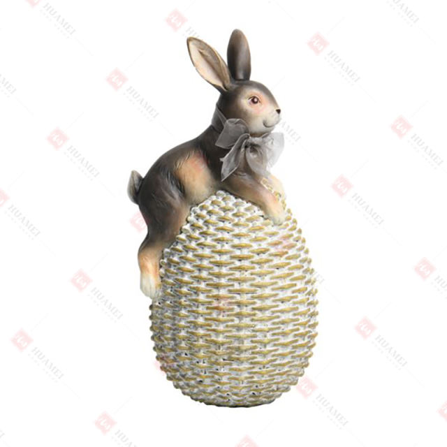RESIN RABBIT ON  WEAVE-FINISH EGG TABLE DECO