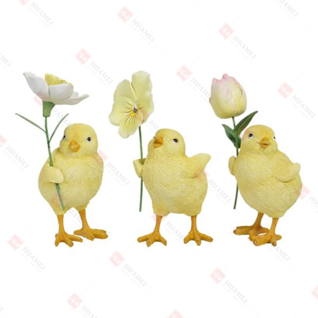 3 ASST., RESIN CHICKS HOLDING DAFFODIL, TULIP AND PANSY TABLE DECO