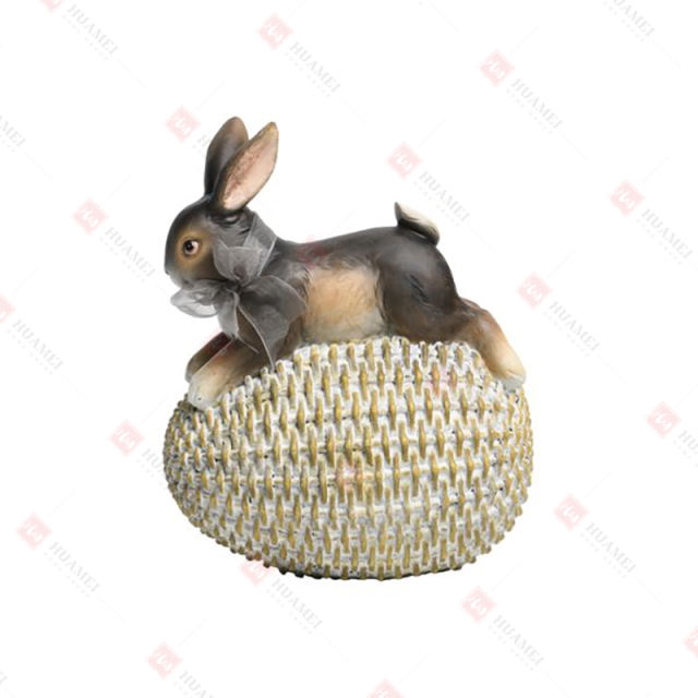 RESIN RABBIT ON  WEAVE-FINISH EGG TABLE DECO