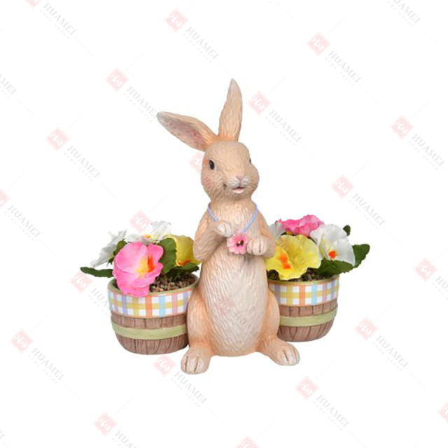 RESIN BUNNY W/TWO BASKETS PLANTER W/ARTIFICIAL FLOWER