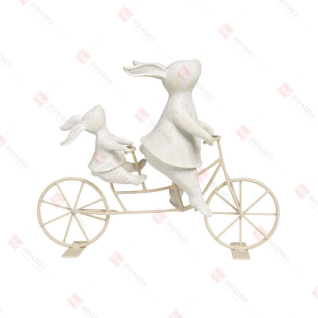 RESIN WOOD TURN RABBITS BIKING  TABLE DECO
