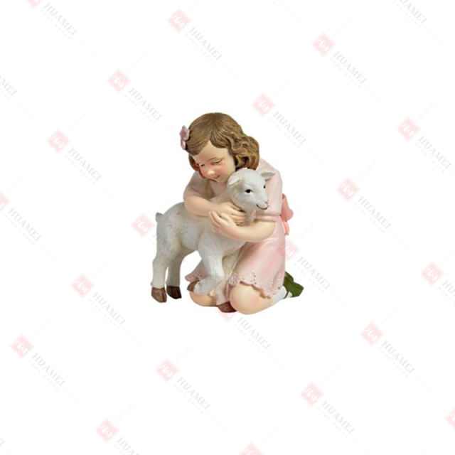 RESIN GIRL HUGGING GOAT TABLE DECO