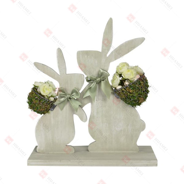 WOOD BUNNIES WITH  
WIRE PLANT HOLDER AND ARTIFICIAL FLOWER