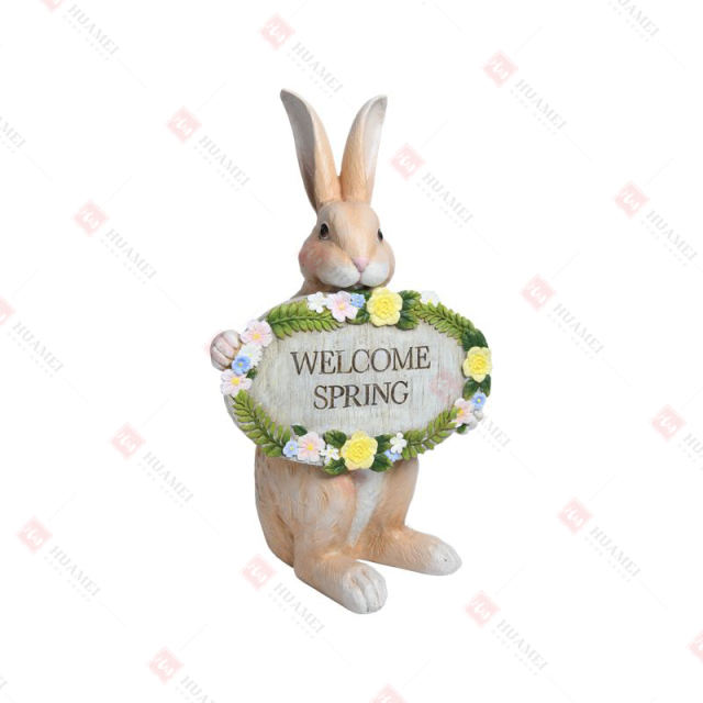 RESIN RABBIT WITH "WELCOME SPRING" SIGN