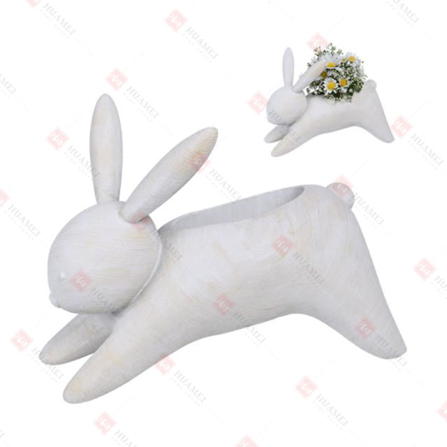 RESIN WOODEN-FINISH RABBIT FLOWER POT