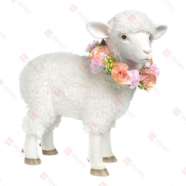 RESIN LAMB W/ FUR AND ARTIFICIAL WREATH TABLE