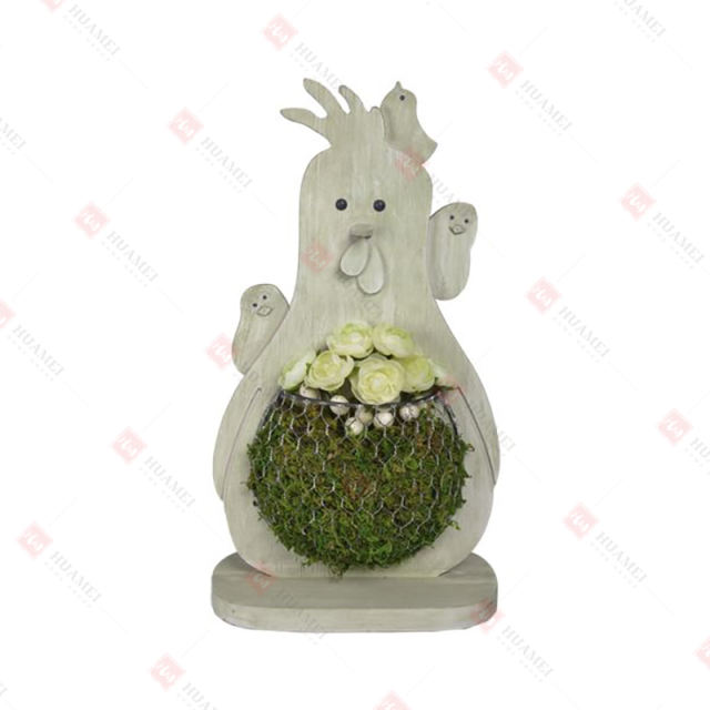 WOOD HEN WITH 
WIRE PLANT HOLDER AND ARTIFICIAL FLOWER