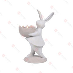 RESIN RABBIT HOLDING EGG WOOD TURN T-LIGHT HOLDER