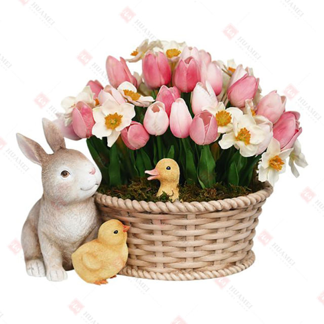 RESIN FLOWER BASKET WITH CHICK/BUNNY/DUCK+PLASTIC TULIPS