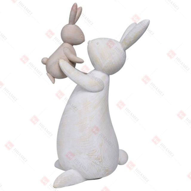 RESIN WOODEN-FINISH MOTHER & CHILD RABBIT TABLE DECO