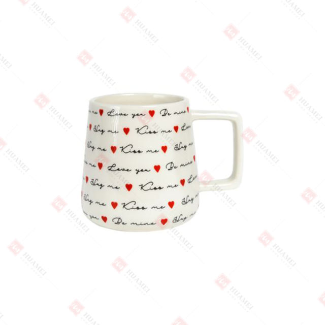 PORCELAIN ANGLED SHAPE MUG W/ RAISED WORDS & HEART DECAL